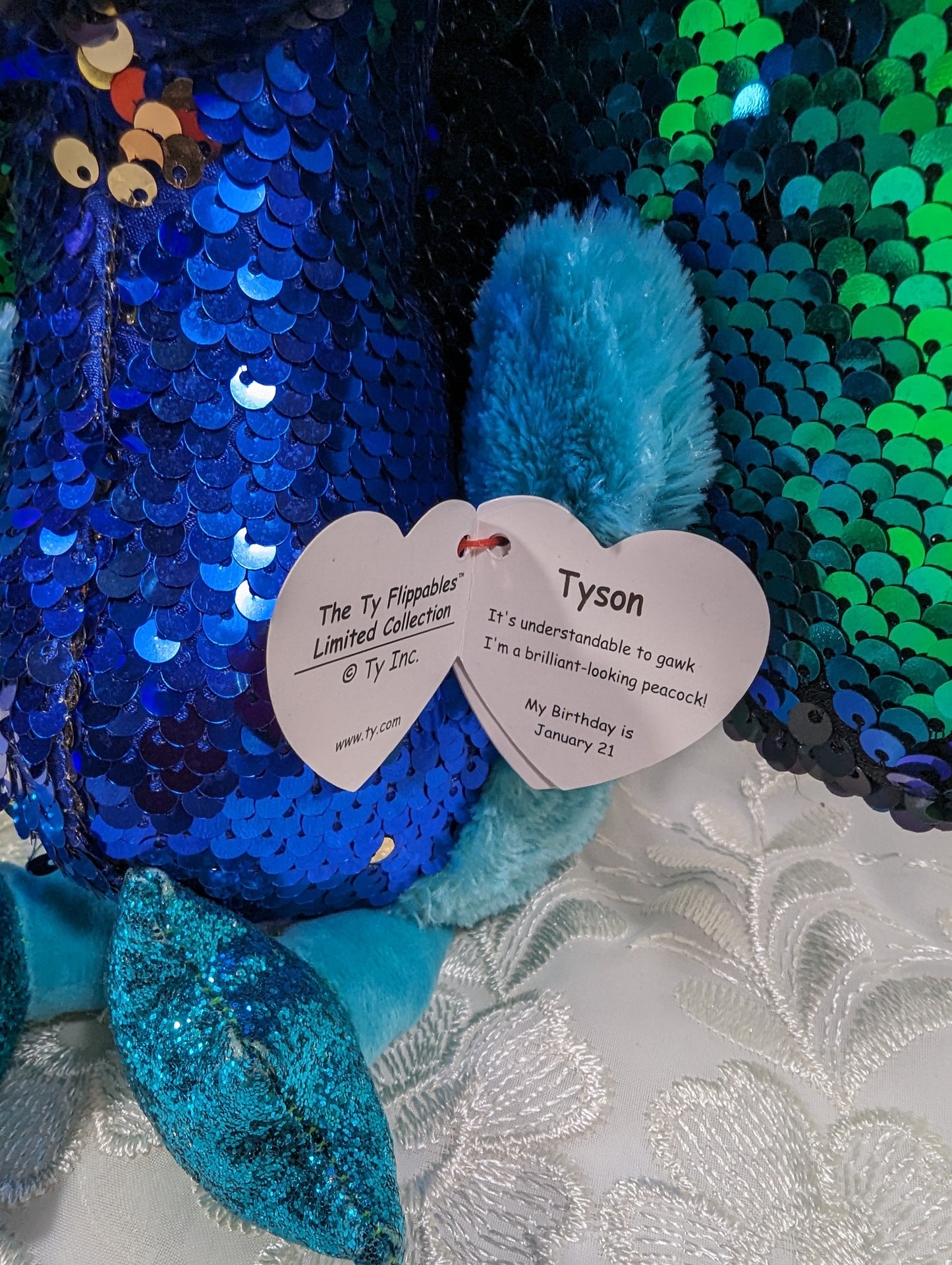 Ty Flippables - Tyson the Blue Sequined Peacock (9 In) Scuffed eyes - Vintage Beanies Canada