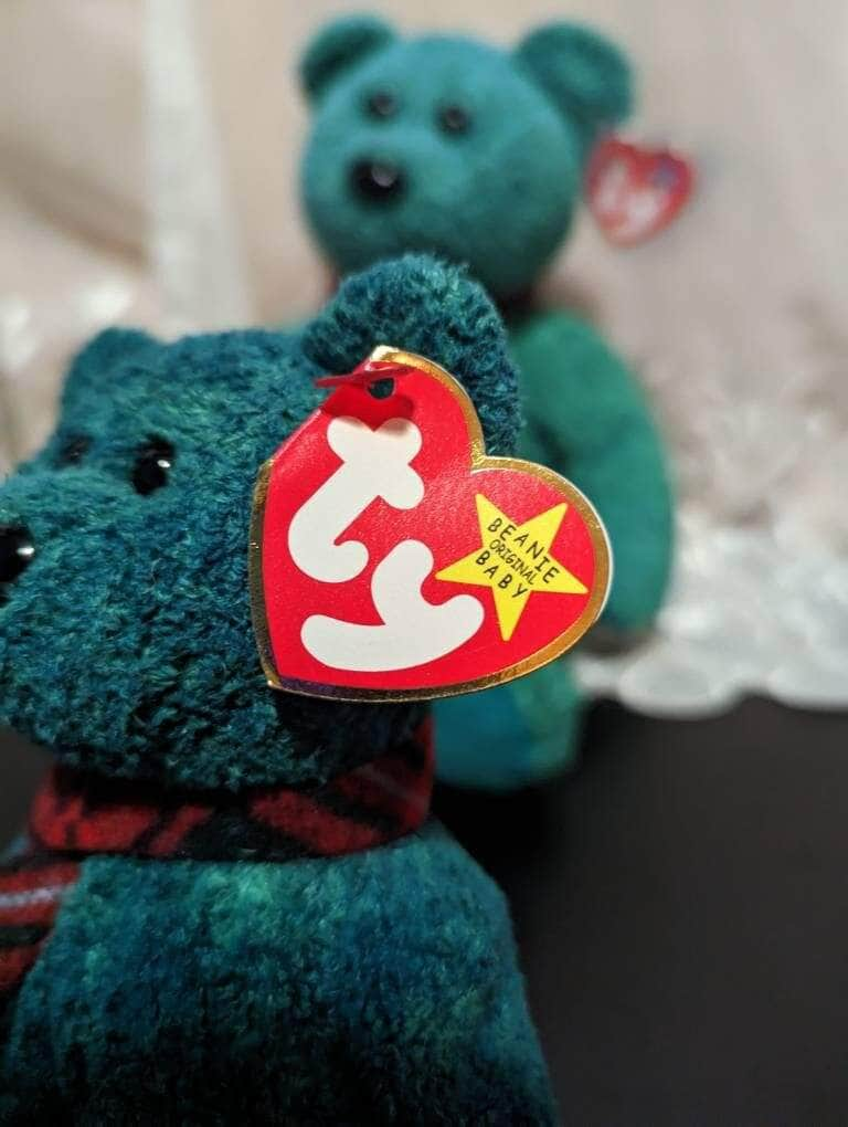 Ty Beanie Baby + Beanie Buddy Lot - Wallace The Green Bear - Near Mint (Sold As Set) - Vintage Beanies Canada