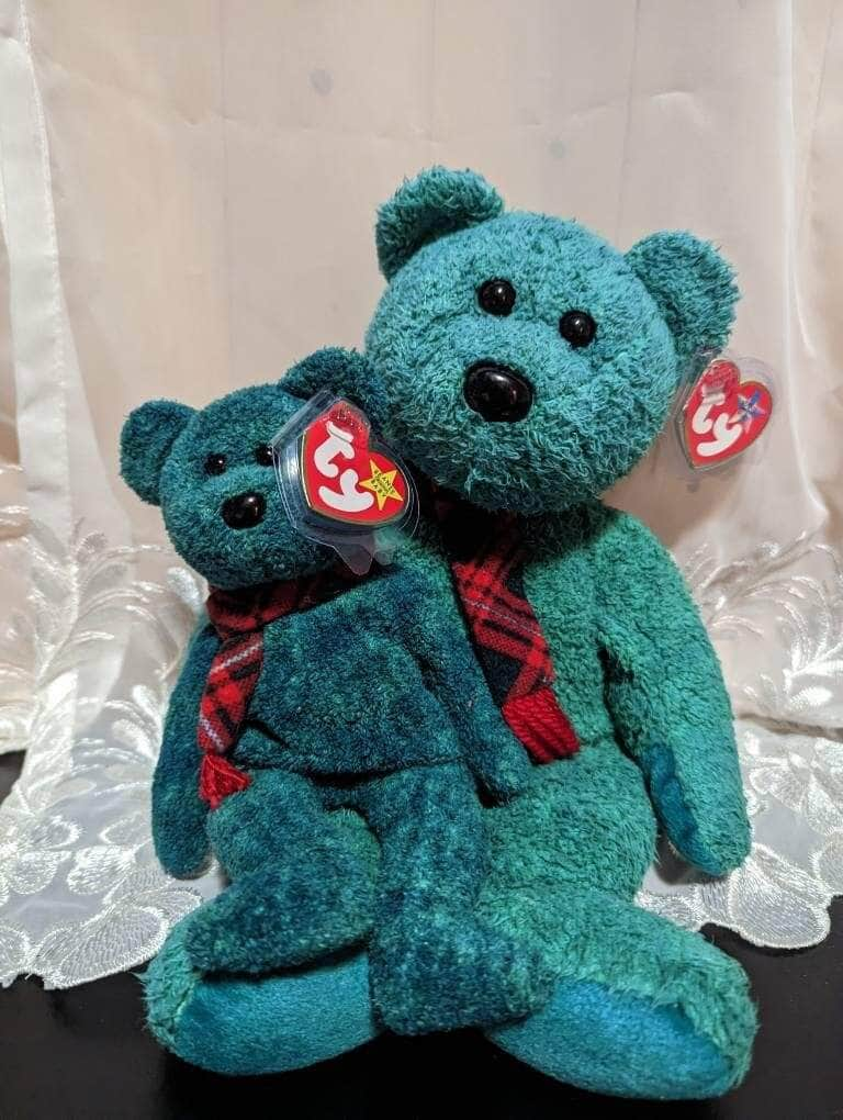 Ty Beanie Baby + Beanie Buddy Lot - Wallace The Green Bear - Near Mint (Sold As Set) - Vintage Beanies Canada