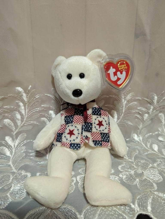 Ty Beanie Baby - Libert-e The White USA Teddy Bear With American Vest (9in) - Vintage Beanies Canada