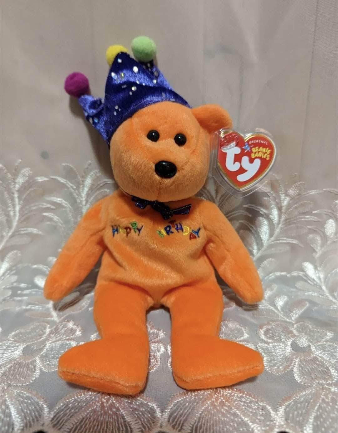 Ty Beanie Baby - Orange Happy Birthday Bear With Crown (9in) - Vintage Beanies Canada