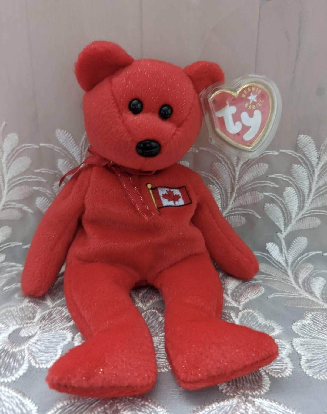 Ty Beanie Baby - Pierre the Red French Canadian Bear with Canada Flag (8.5in) - Vintage Beanies Canada