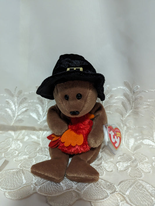 Ty Beanie Baby - Plymouth The Thanksgiving Bear Holding A Bird (9.5in) - Vintage Beanies Canada