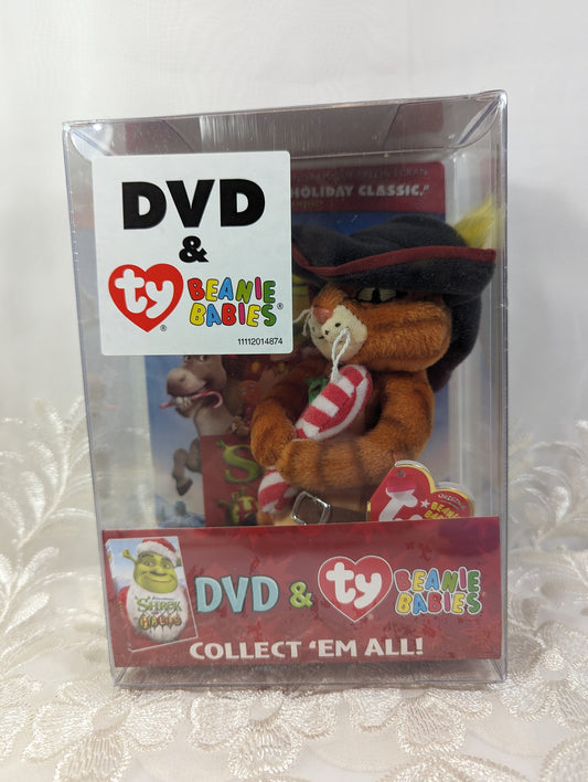 Ty Beanie Baby Puss In Boots + Shrek The Halls DVD Set - BNIB *Very Rare* - Vintage Beanies Canada