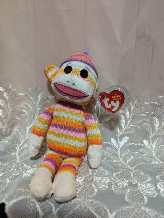 Ty Beanie Baby - Sock Monkey - Stripey Orange, Yellow, Pink, Purple (9.5in) Near Mint - Vintage Beanies Canada