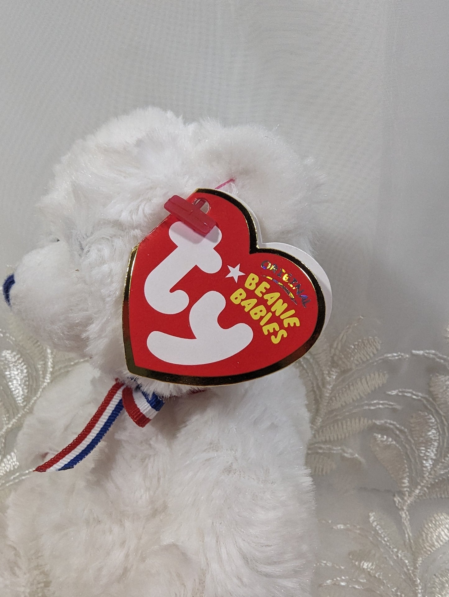 Ty Beanie Baby - Uncle Sam The White Bear (7in) Blue Nose - Vintage Beanies Canada