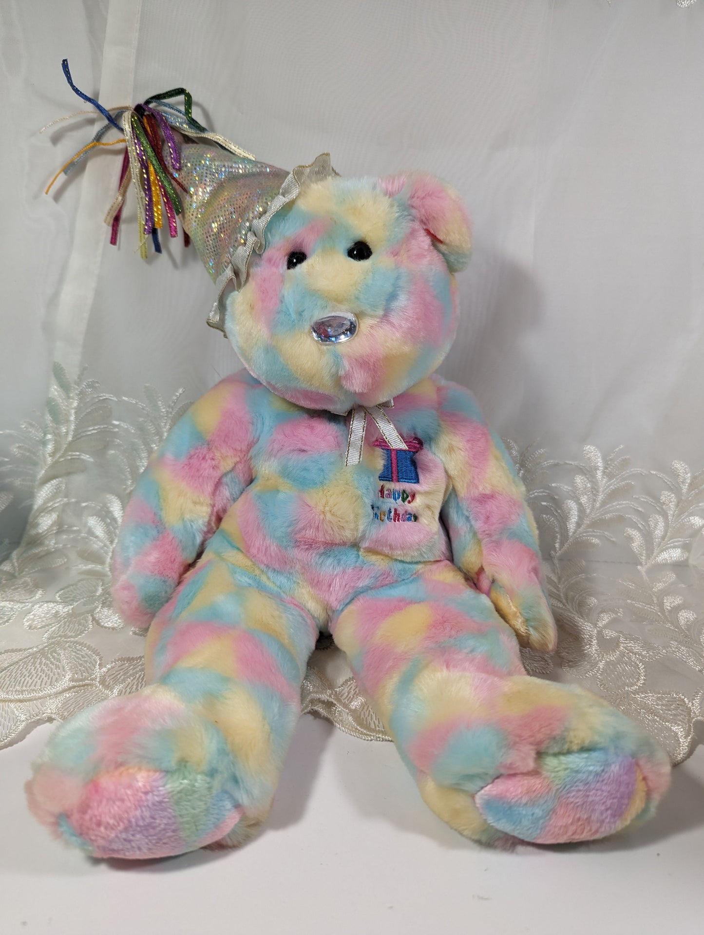 Ty Beanie Buddy - Birthday Buddy the Tie - Dye Birthday Bear Wearing Party Hat (15 in) *See description and photos* - Vintage Beanies Canada