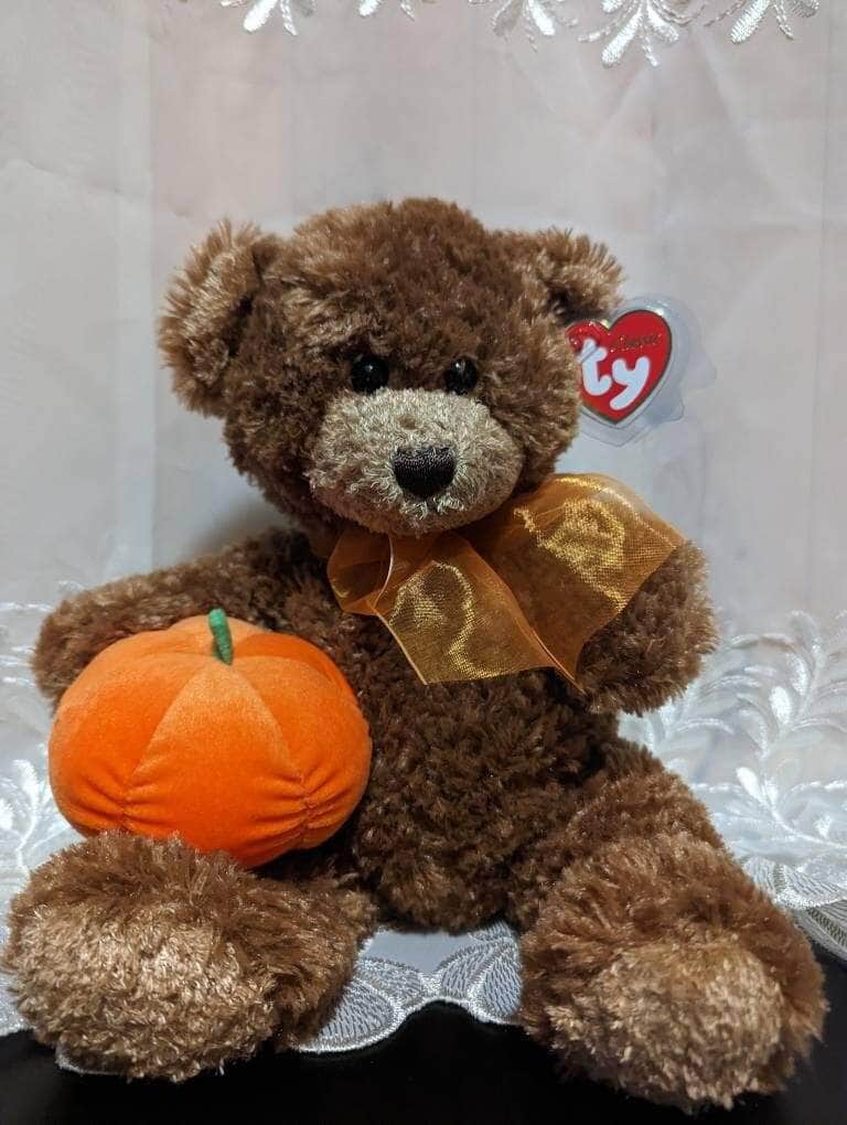 Ty Classic Collection - Bumpkin The Super Soft Brown Halloween bear Holding A Pumpkin (13in) - Vintage Beanies Canada