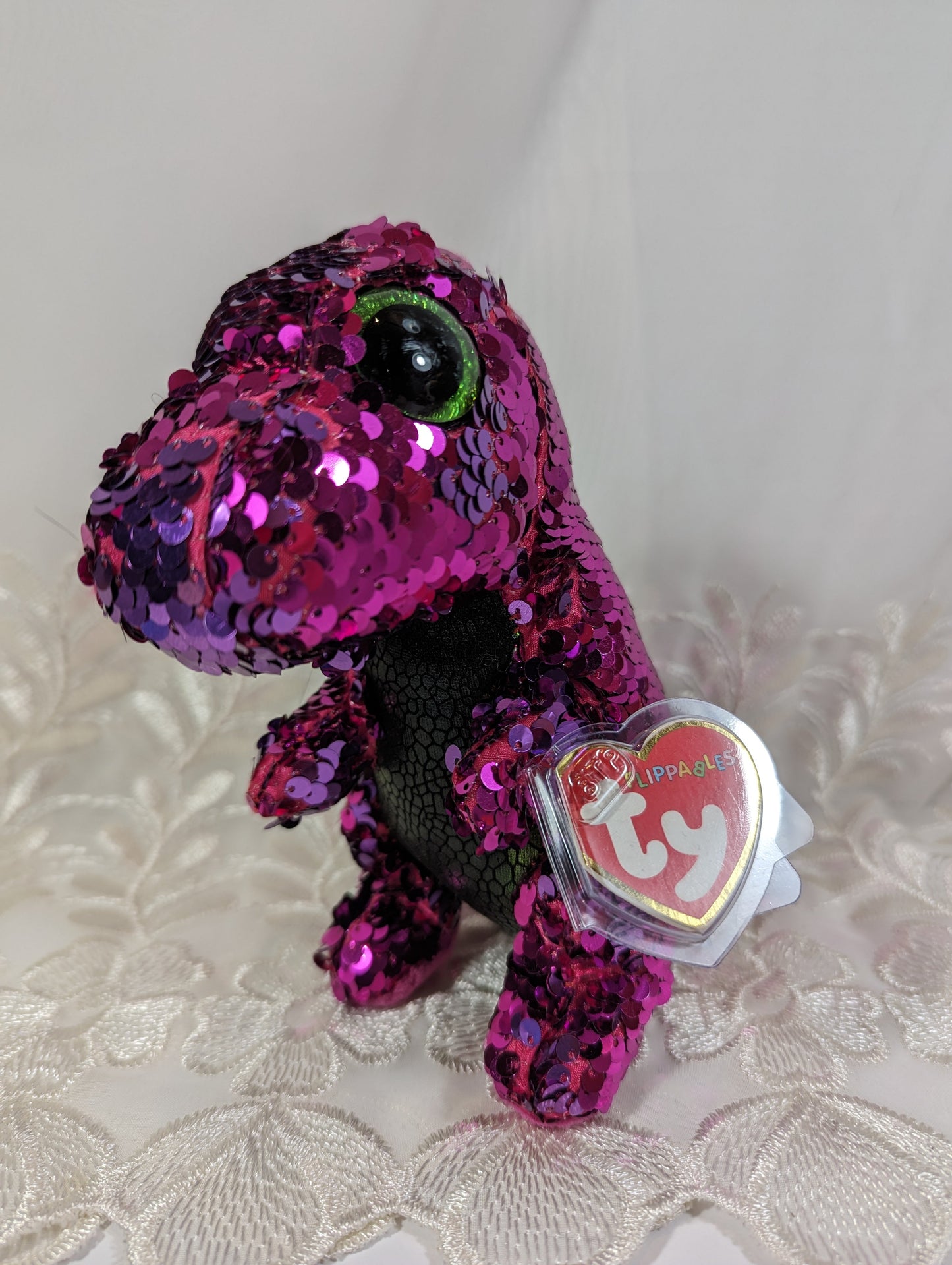 Ty Flippables - Stompy The Purple Pink Sequined Dinosaur (6in) Scuffed Eyes - Vintage Beanies Canada