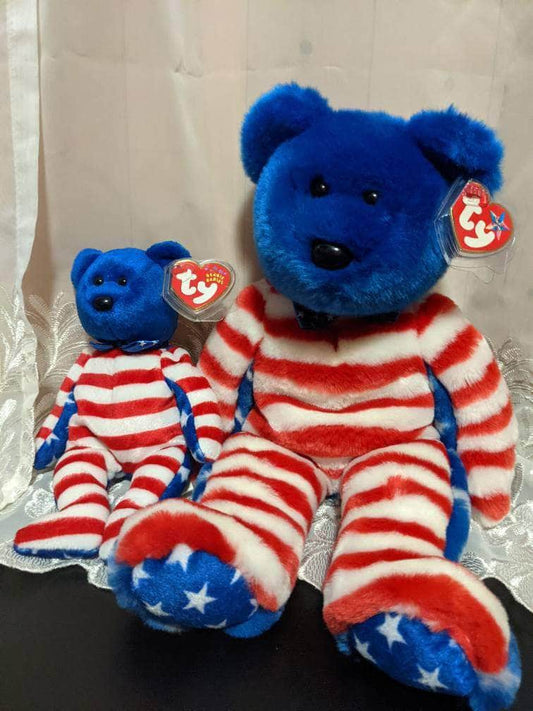 Ty Liberty The Blue-faced Bear Beanie Baby + Beanie Buddy Lot - Near Mint (Sold As Pair) - Vintage Beanies Canada