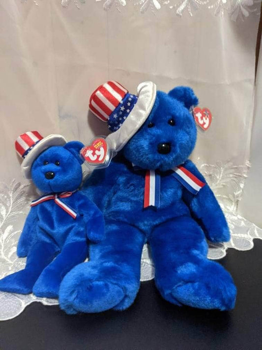 Ty Sam The Blue Bear With Hat Beanie baby + Beanie Buddy Lot (Sold As Pair) - Vintage Beanies Canada