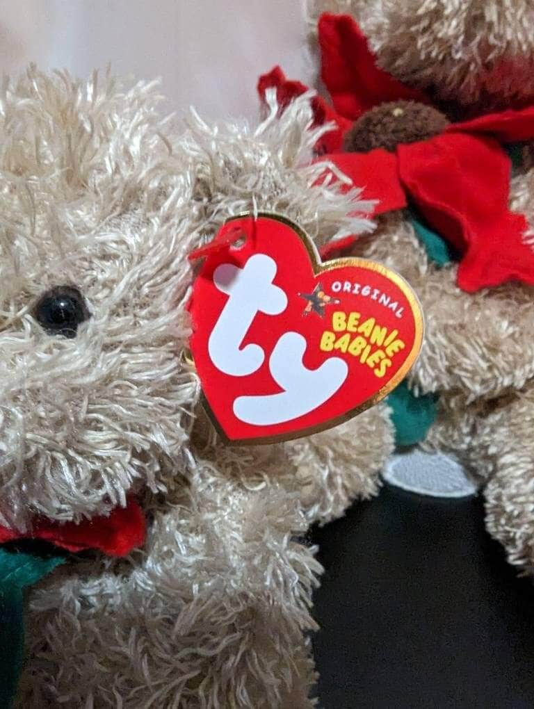 Ty Beanie Buddy (12in) + Beanie Baby (6in) - 2005 Holiday Teddy With Red  Poinsettia (Sold as set)